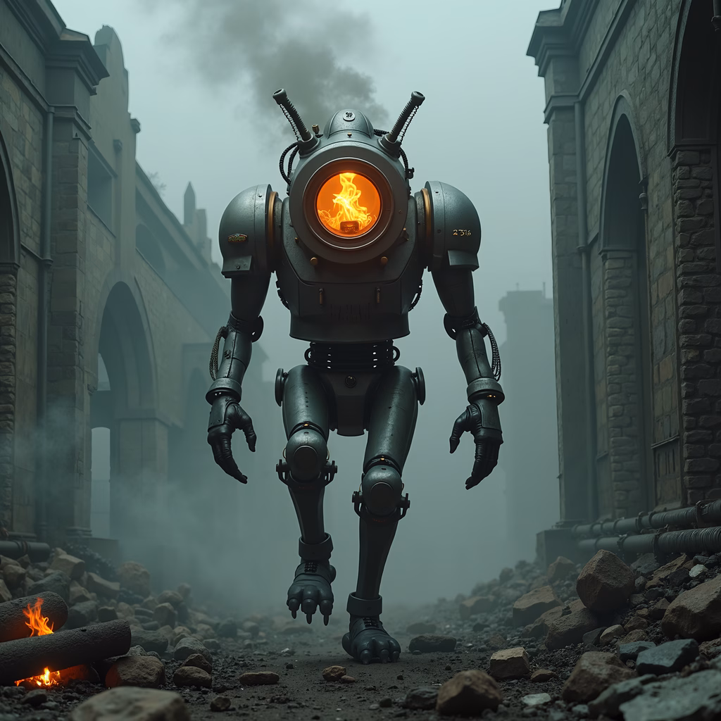 A steampunk robot amidst a foggy, industrial landscape.