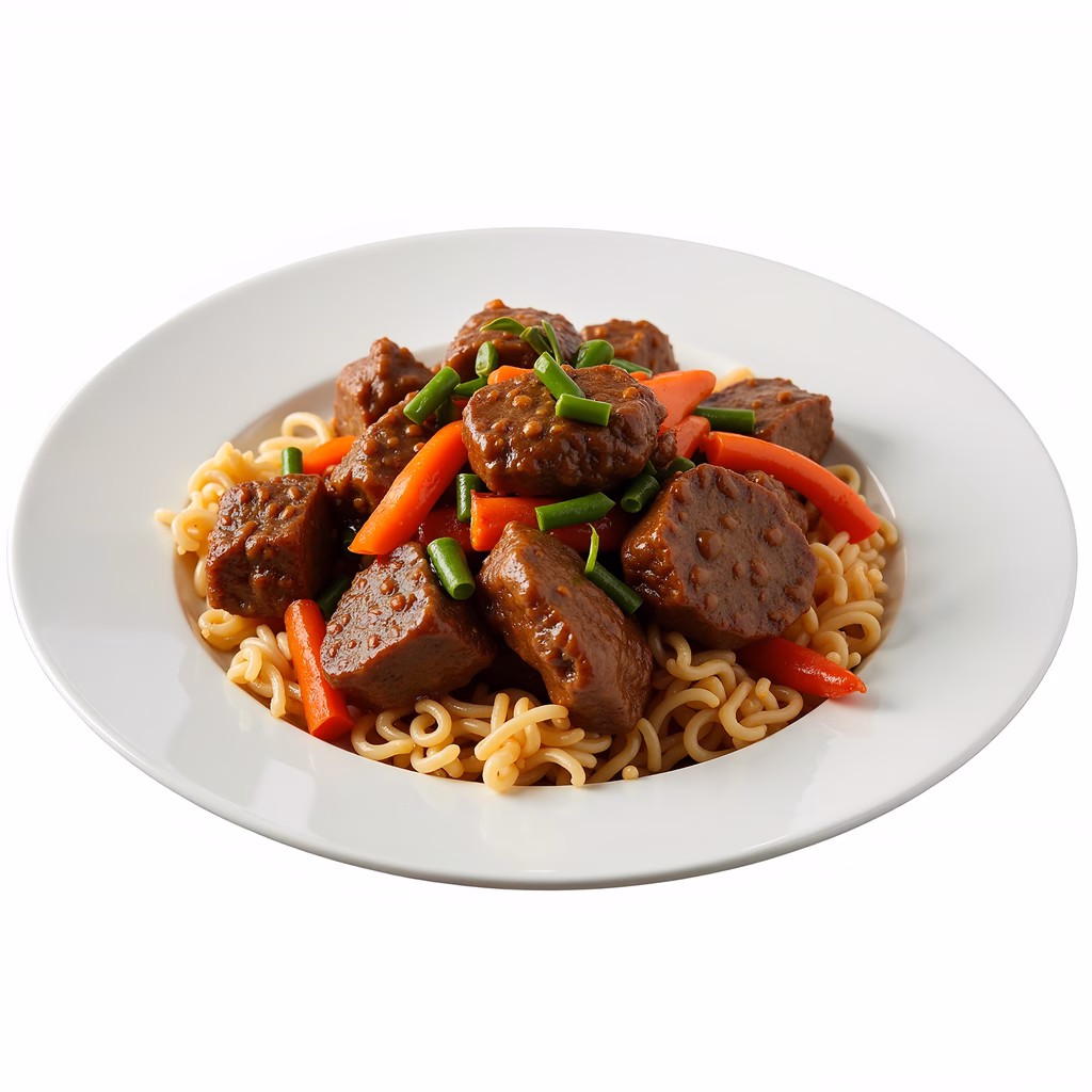 A mouth-watering stir-fried beef and noodles dish with glossy sauce and colorful vegetables.