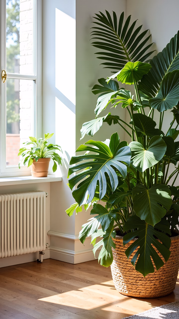 A peaceful indoor setting illuminated by natural light with lush greenery and wooden flooring.
