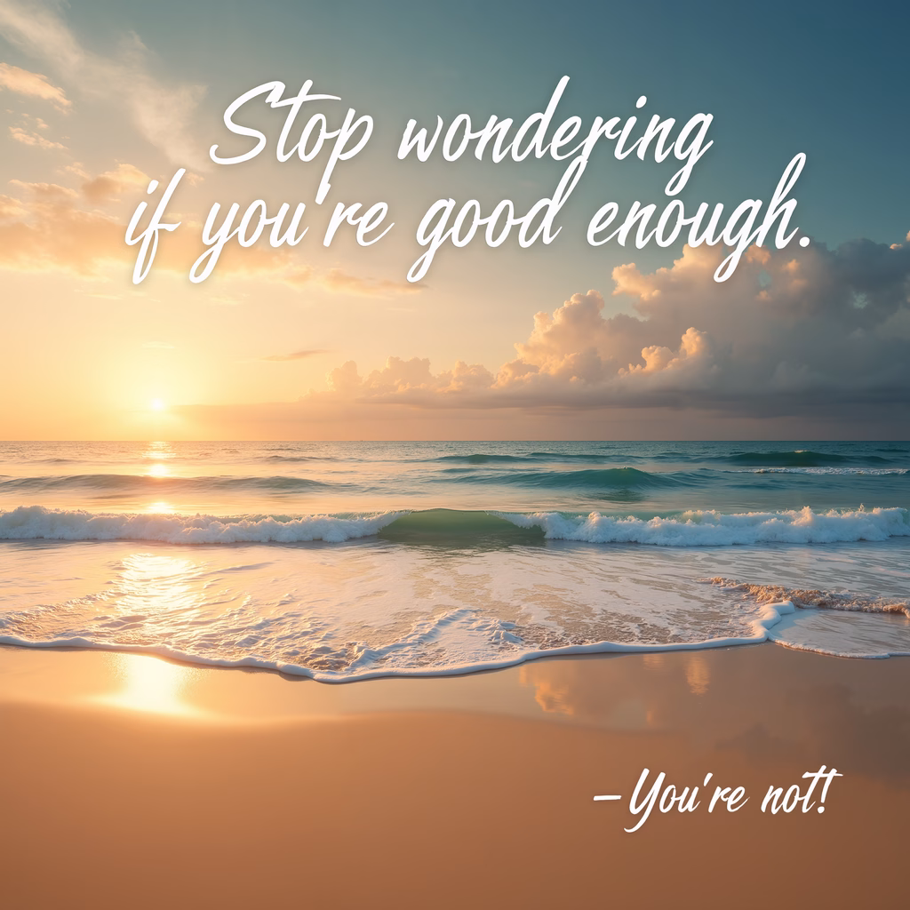 A motivational quote over a beautiful sunset scene, inspiring self-acceptance and tranquility.