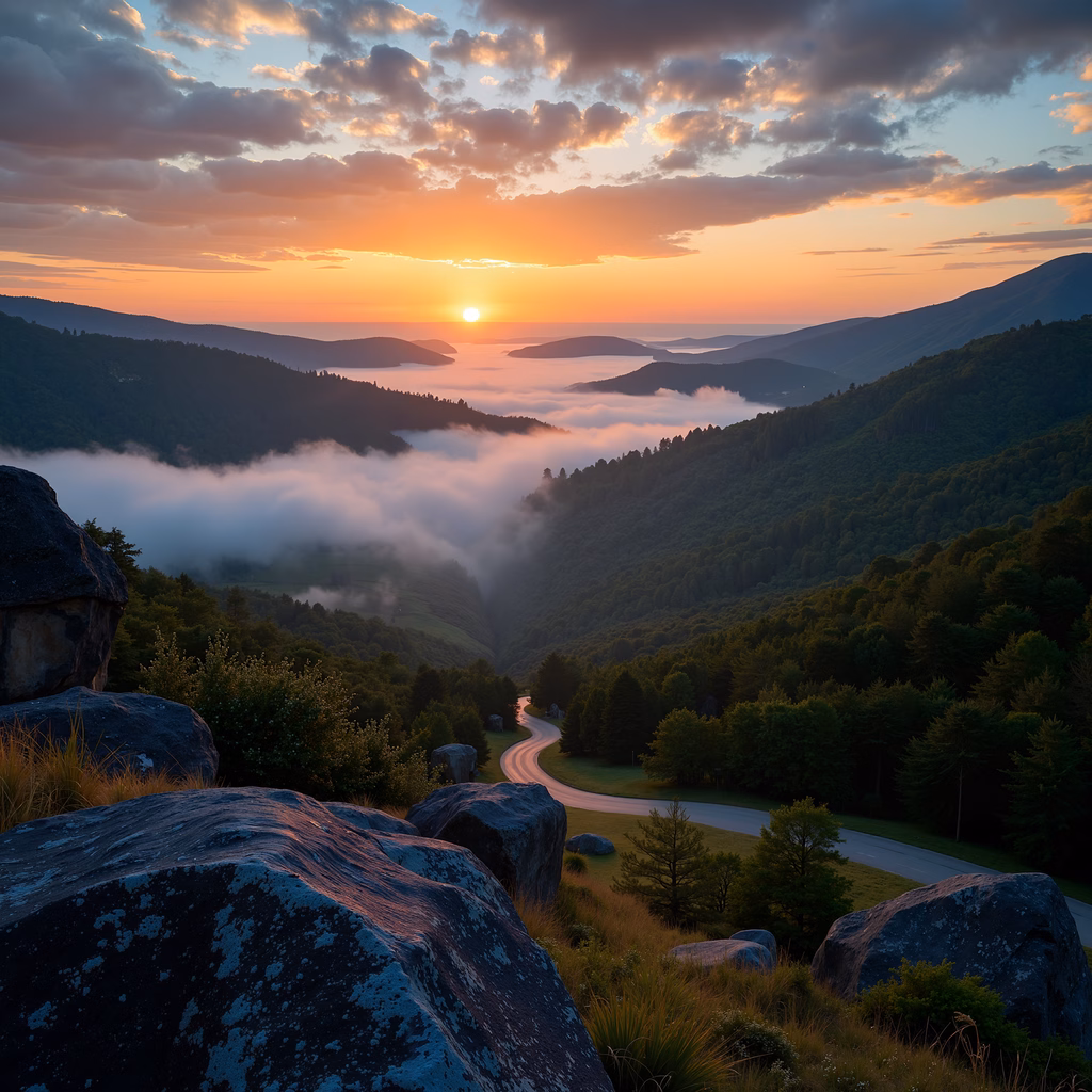A stunning sunset over a lush valley with a winding road and rugged rocks.