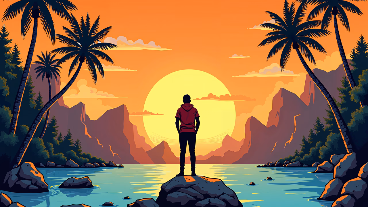 Silhouette of a person watching a colorful sunset over a tranquil lake, surrounded by palm trees and mountains.