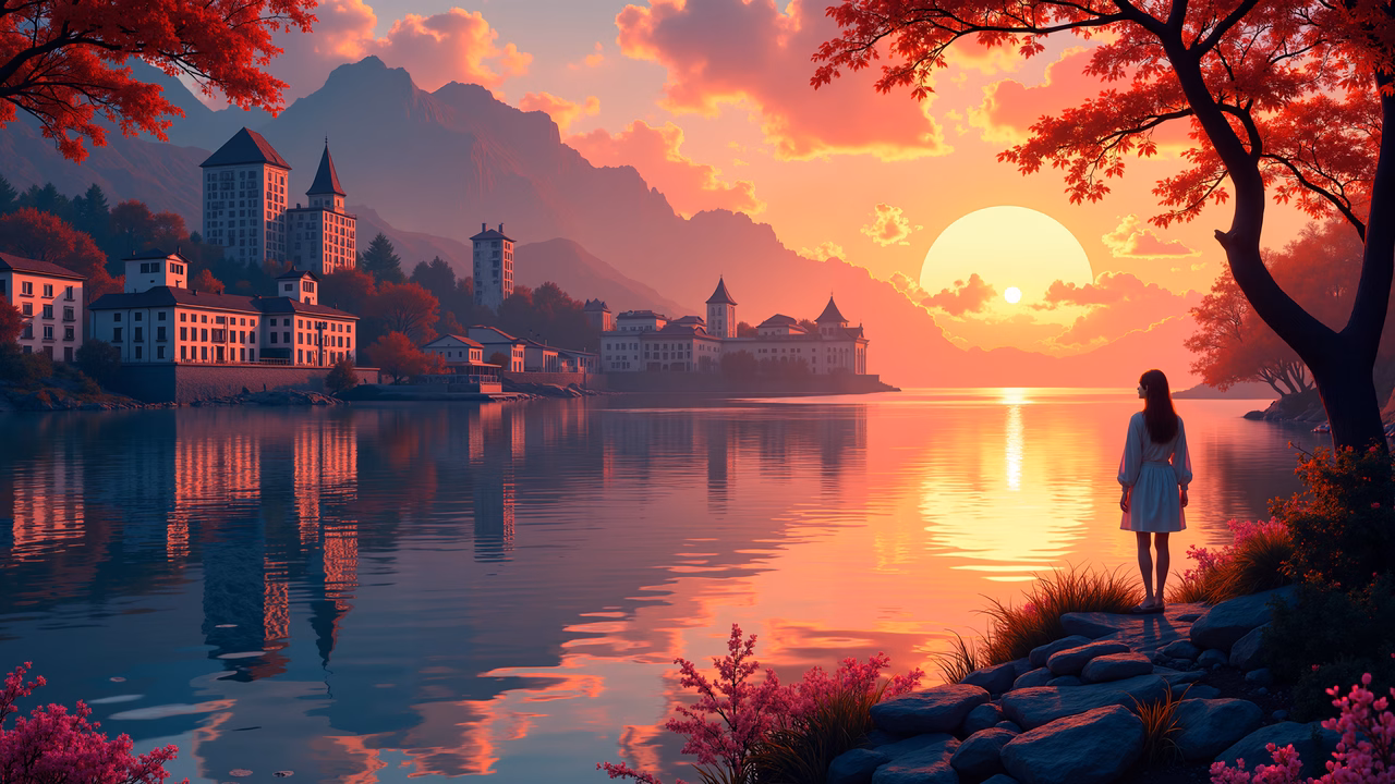 A peaceful sunset scene with a solitary figure and vibrant reflections.