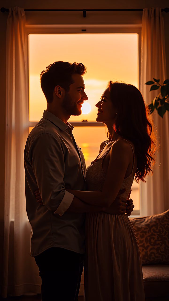 Romantic couple embracing against a sunset backdrop, capturing a moment of affection and tranquility.
