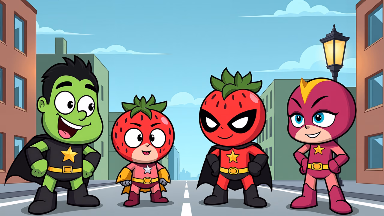 Brightly colored superhero friends standing together in a sunny cityscape.