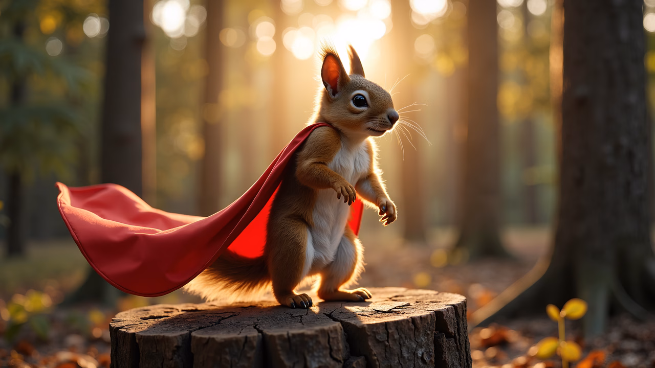 Whimsical squirrel superhero in a forest of golden light.
