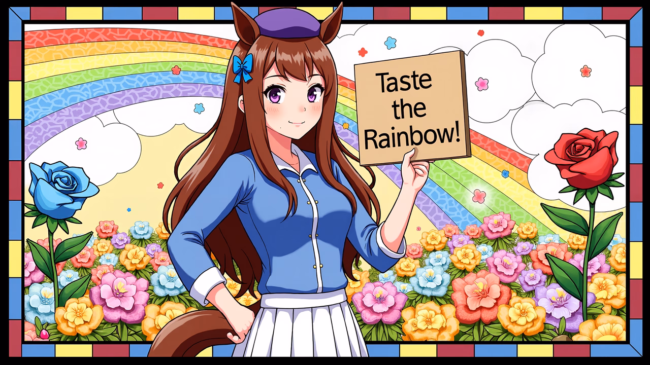 Bright and cheerful girl holding a rainbow-themed sign in a colorful garden setting.