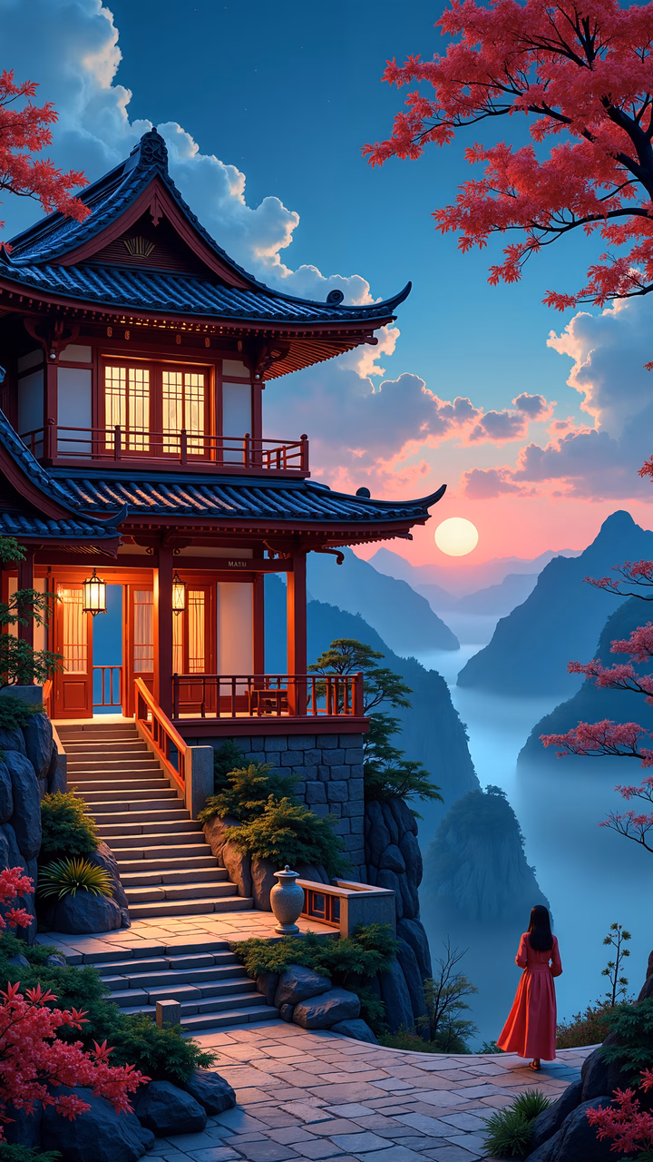 Solitary figure admiring sunrise at traditional Japanese temple.