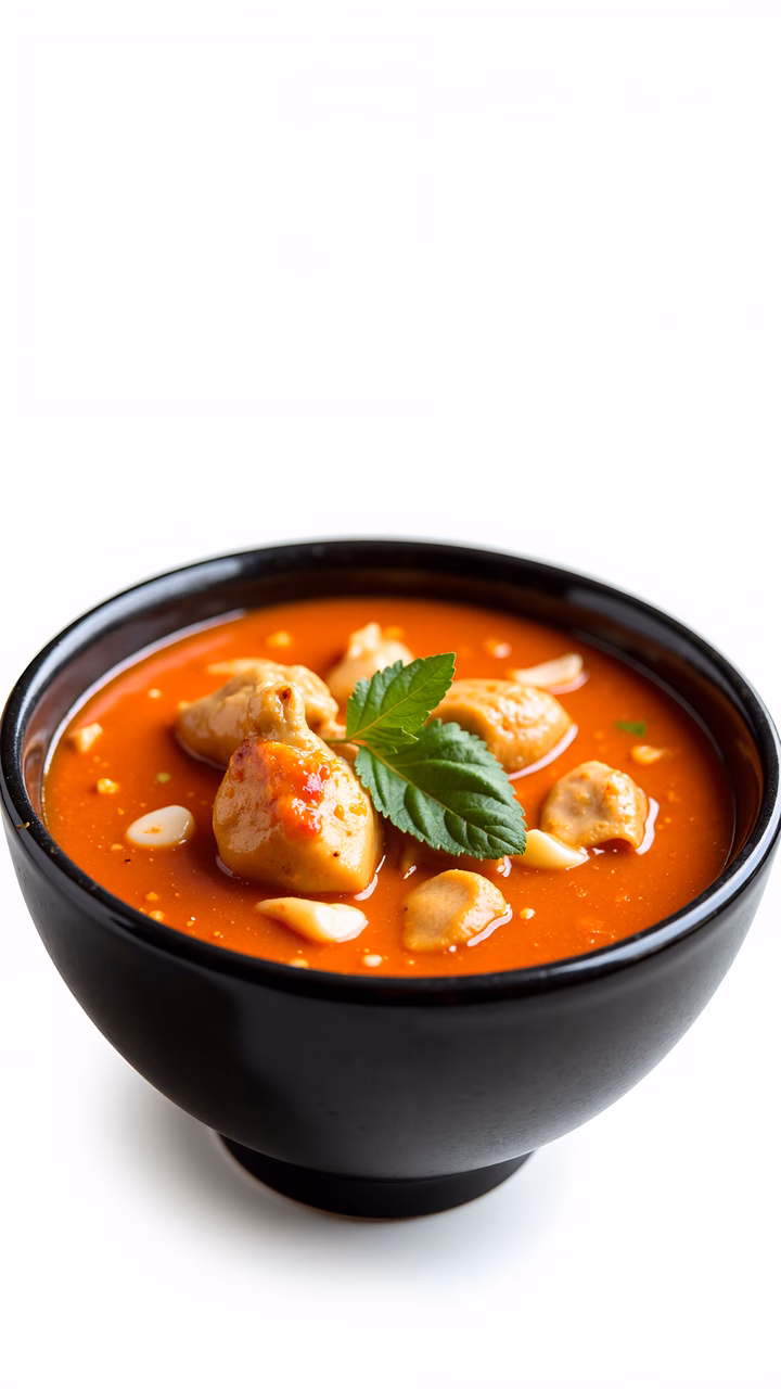 Vibrant Tom Yum Soup with prawns, mint, and peanuts in a glossy black bowl.