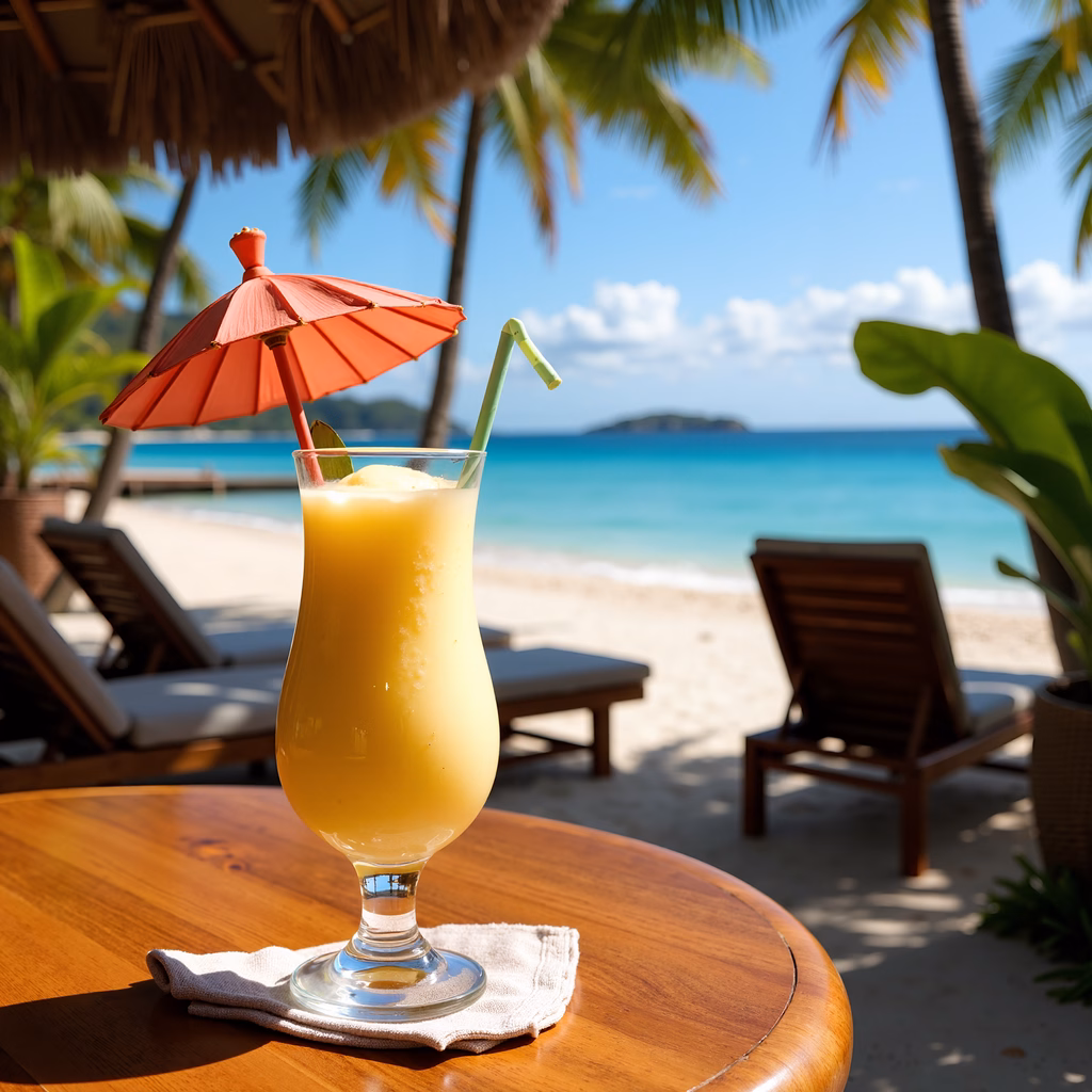 A refreshing tropical drink on a sunny beach, perfect for relaxation.