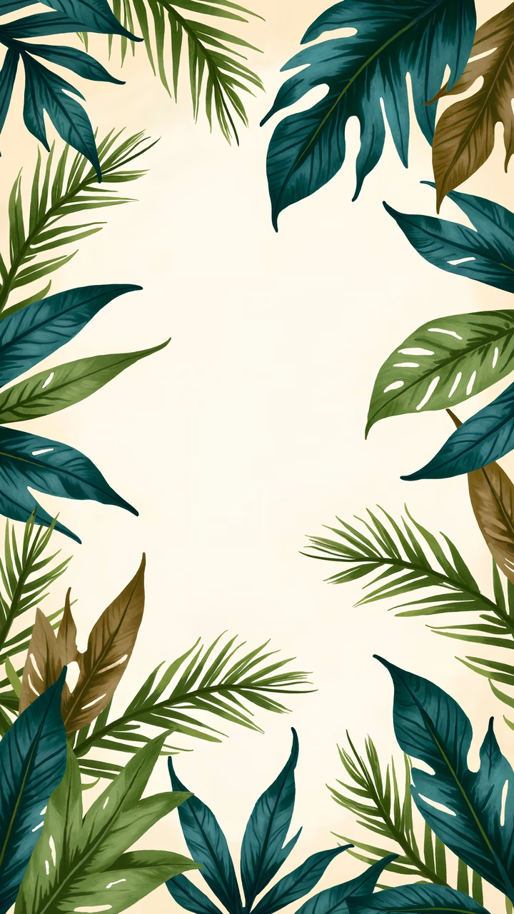 Vibrant tropical leaves illustration with detailed textures and a serene atmosphere.