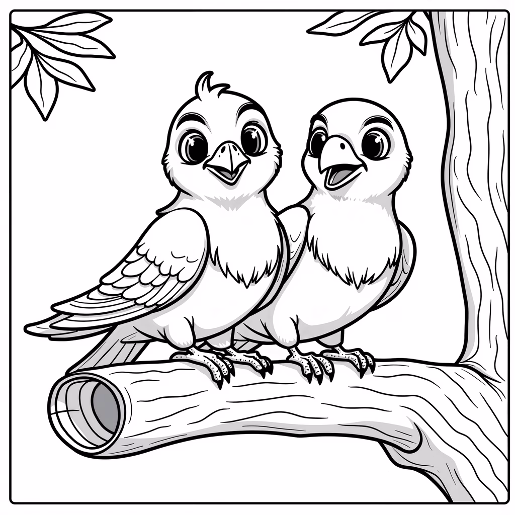 Two cute birds sharing a peaceful moment on a tree branch.