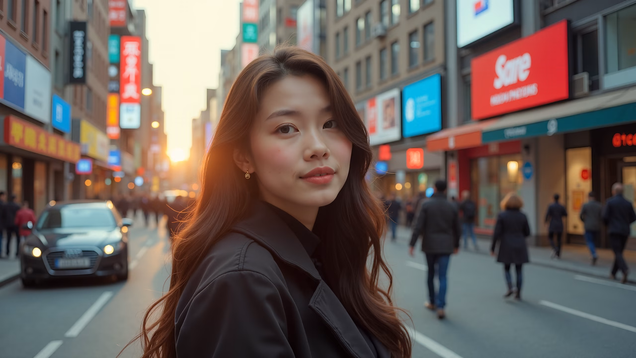 Golden hour portrait of a young woman amidst a lively cityscape at sunset.