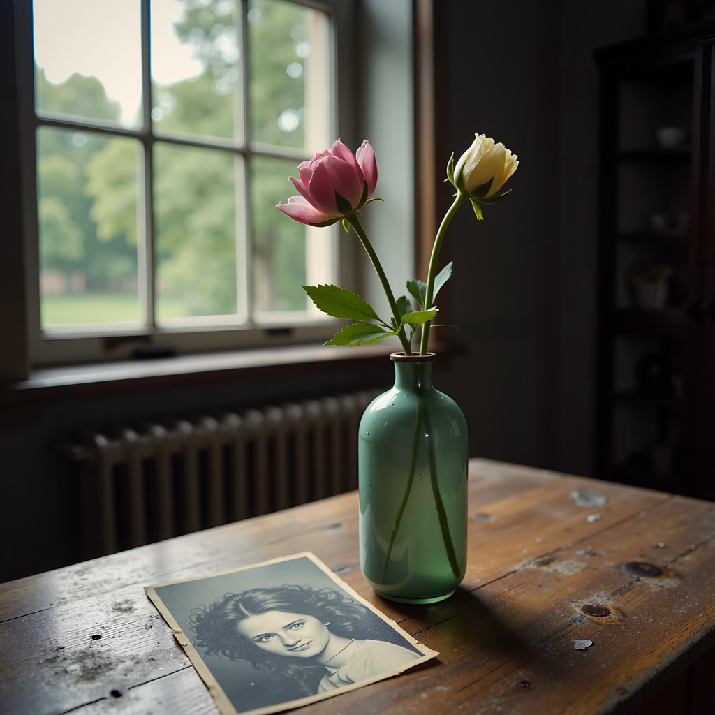 Vintage portrait with flowers, nostalgic ambiance, natural light, wooden table, vintage aesthetic