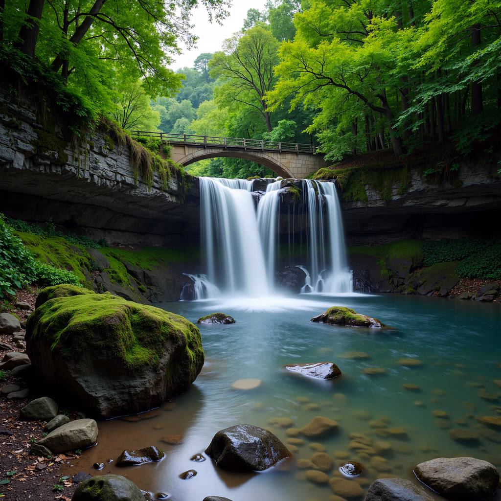 A serene waterfall scene with lush greenery and a bridge above, capturing nature's tranquility.