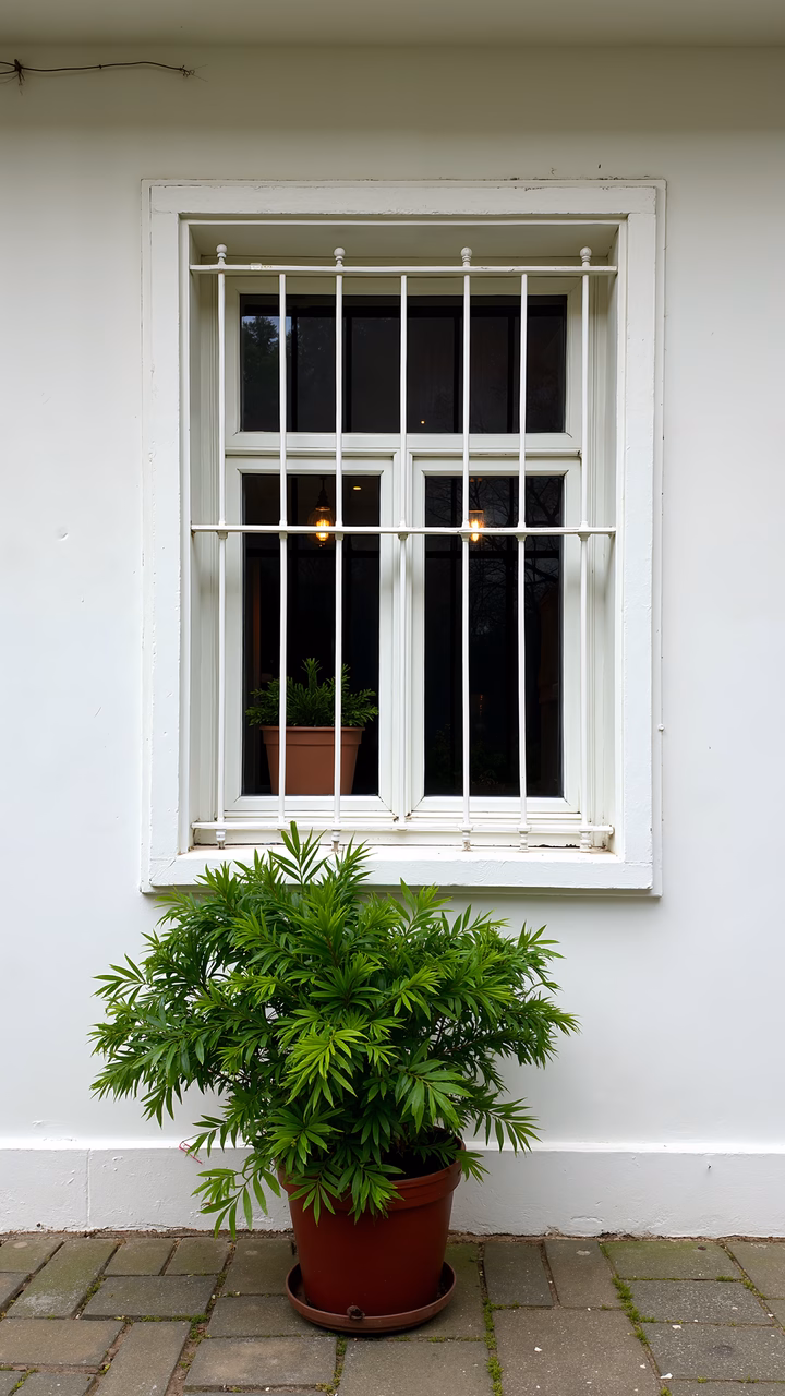 A tranquil window scene with bars and a potted plant.