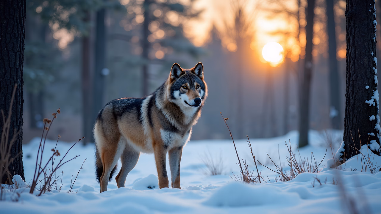 A wolf in a snowy forest at sunset, capturing the harmony of nature.