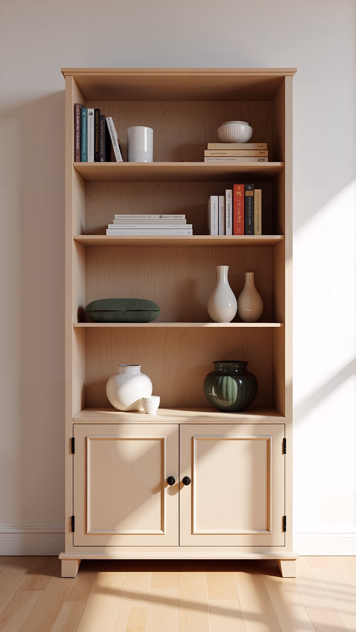 Minimalist wooden bookcase with neatly arranged books and decorative items, evoking a sense of calm and order.