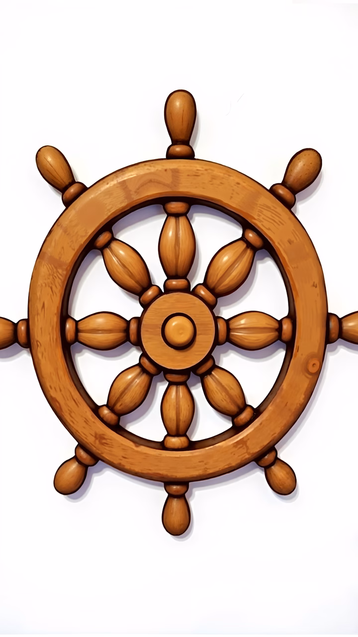 Detailed wooden ship wheel illustration, nautical art, maritime craftsmanship