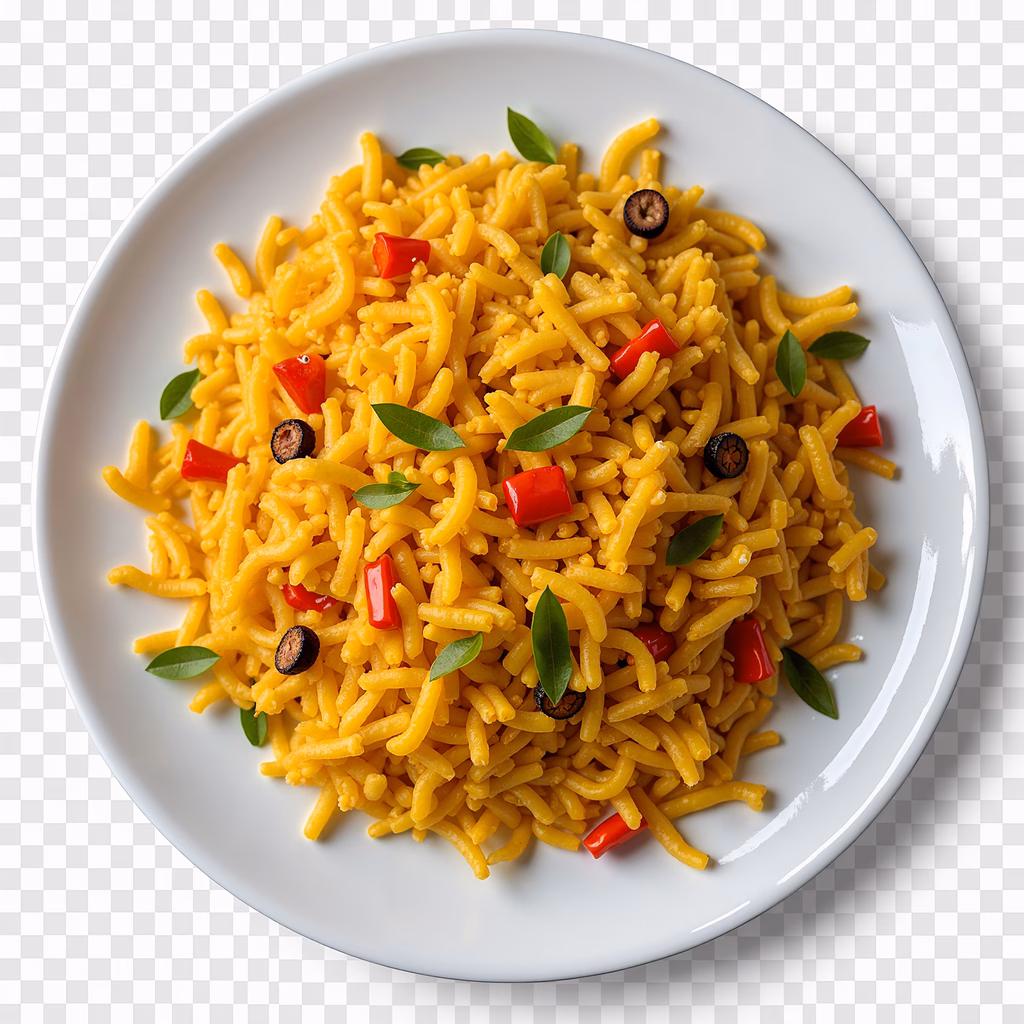 Vibrant yellow pasta dish with chili peppers and basil on a white plate.
