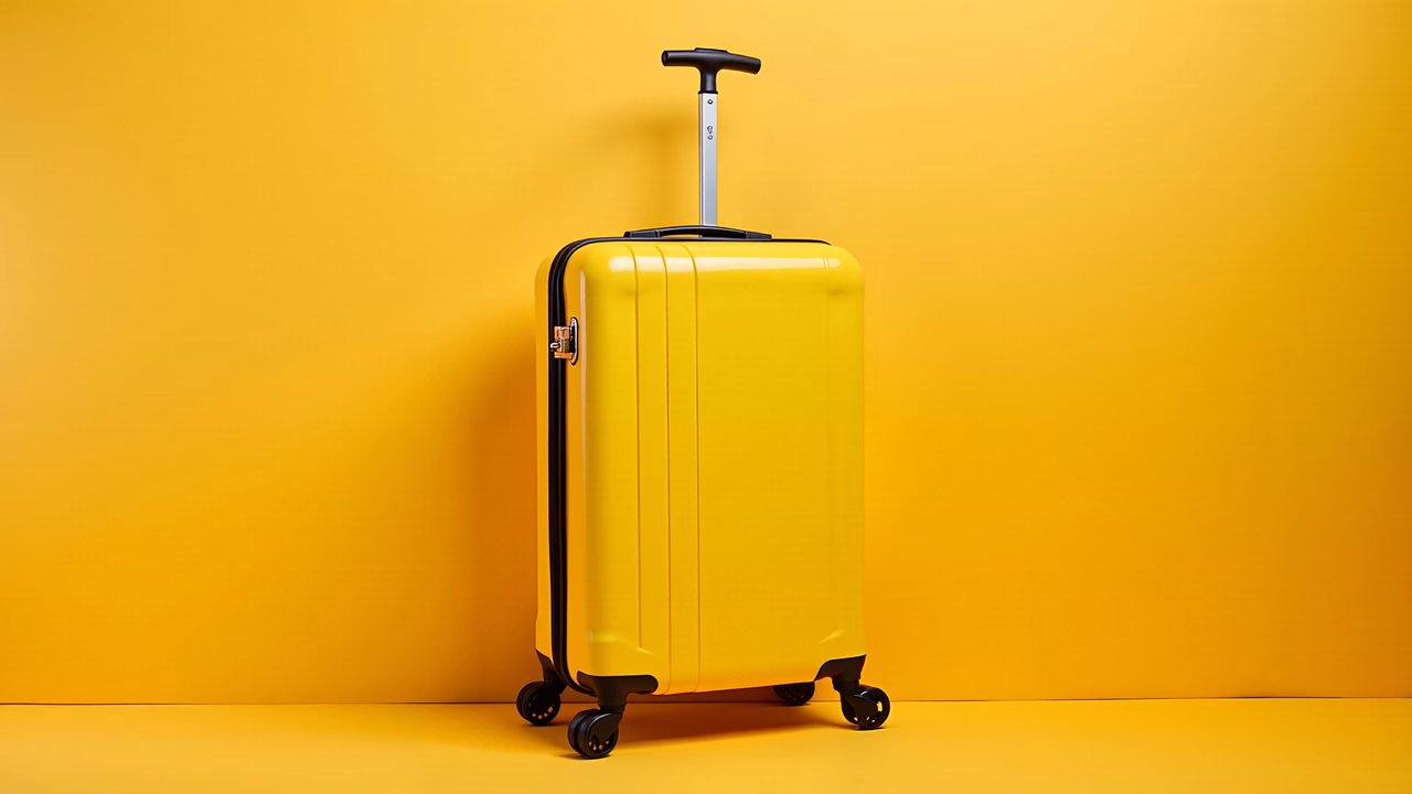 Minimalist yellow suitcase against a yellow background, perfect for travel and adventure themes.