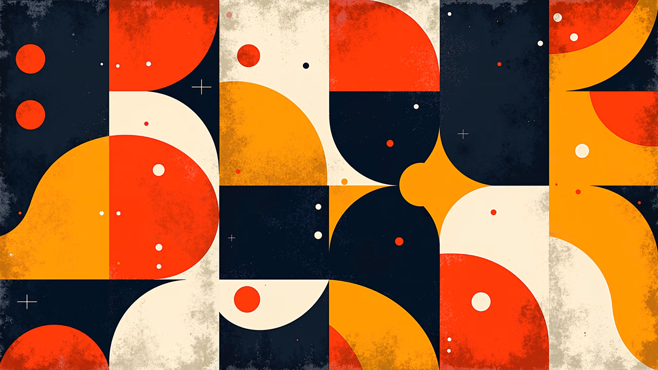 Bold geometric shapes in a textured abstract composition.