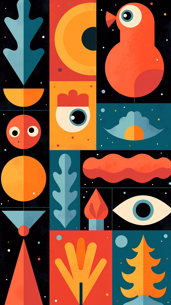 Vibrant geometric abstract illustration featuring organic and geometric forms in warm tones.