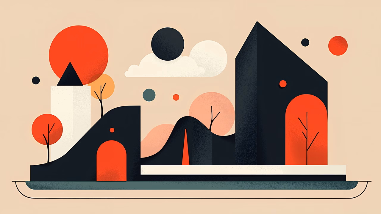 Abstract geometric shapes and vibrant colors create a surreal landscape.