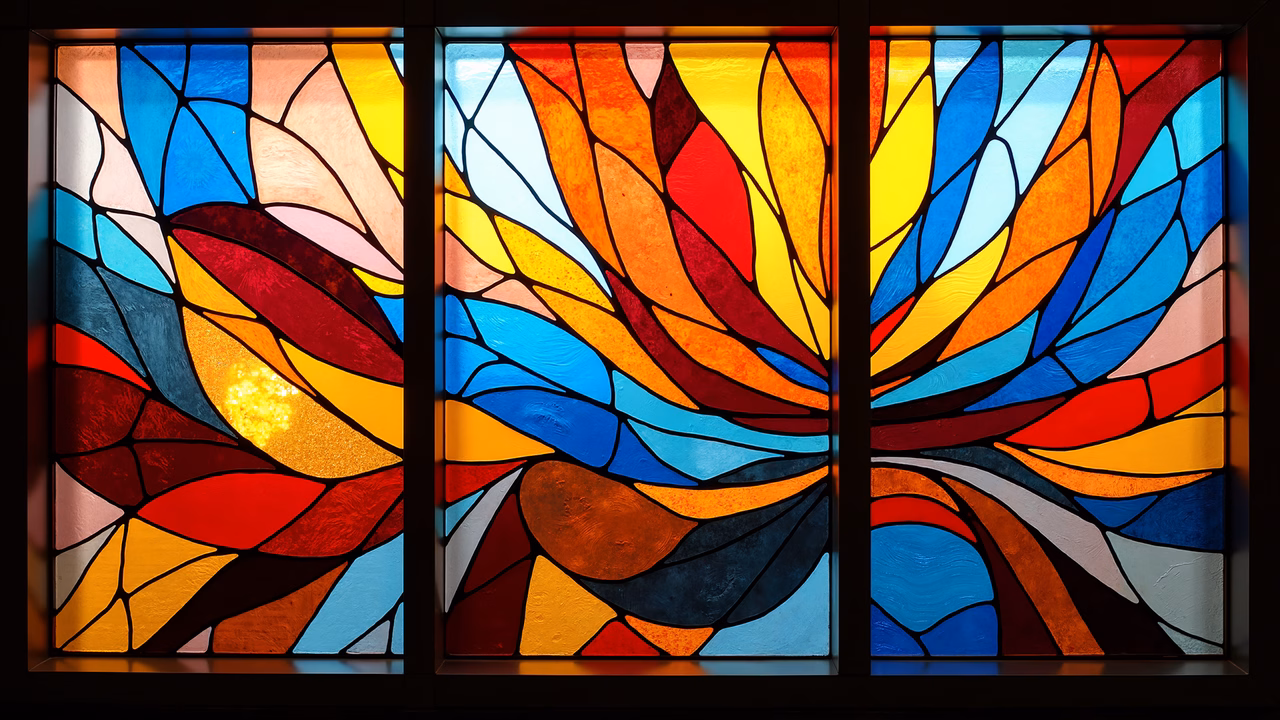 Vibrant abstract stained glass triptych with dynamic color contrasts and intricate geometric patterns.