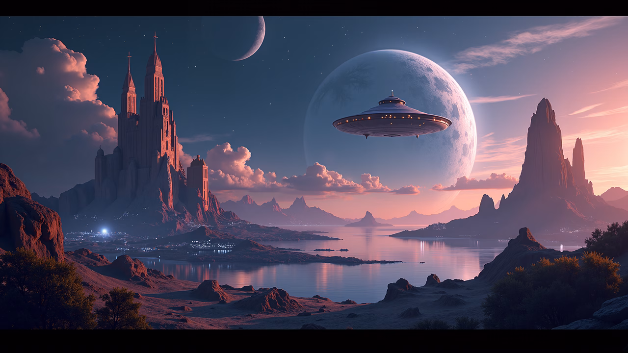 Futuristic UFO in a dreamlike alien landscape.