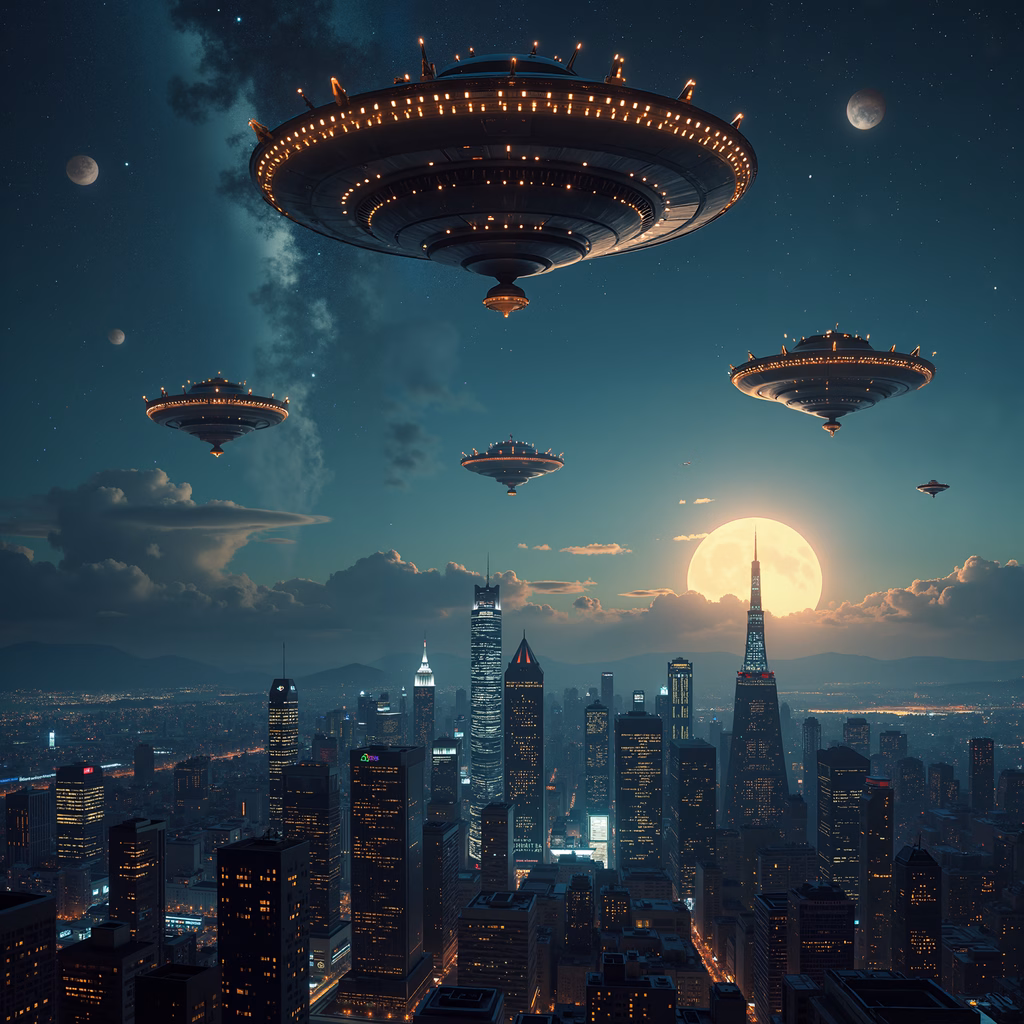 Futuristic cityscape with UFOs hovering over a modern skyline under a full moon.