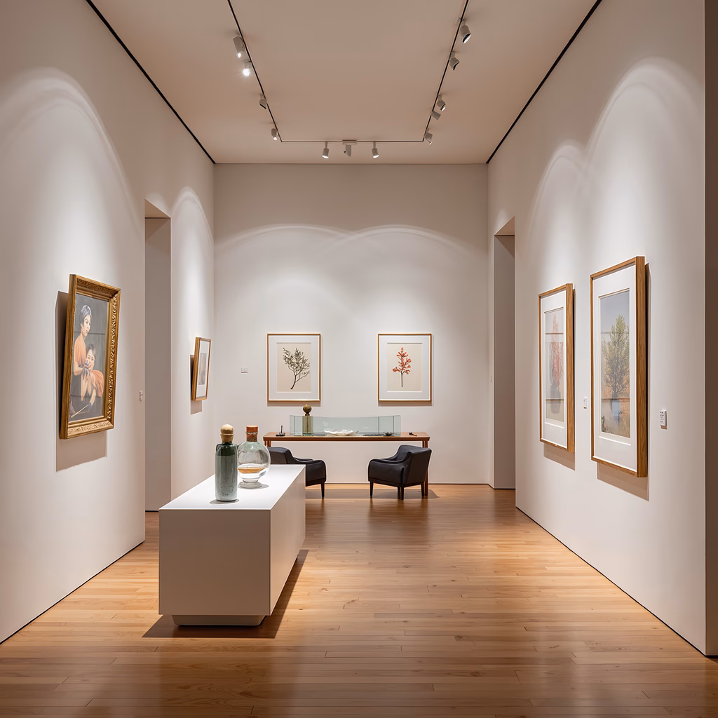 Minimalist art gallery with botanical illustrations and wooden flooring.