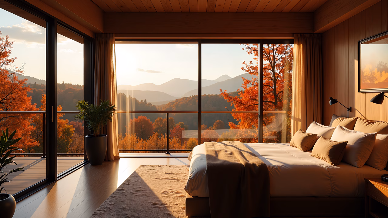 A peaceful bedroom with stunning autumn views and warm wood tones.