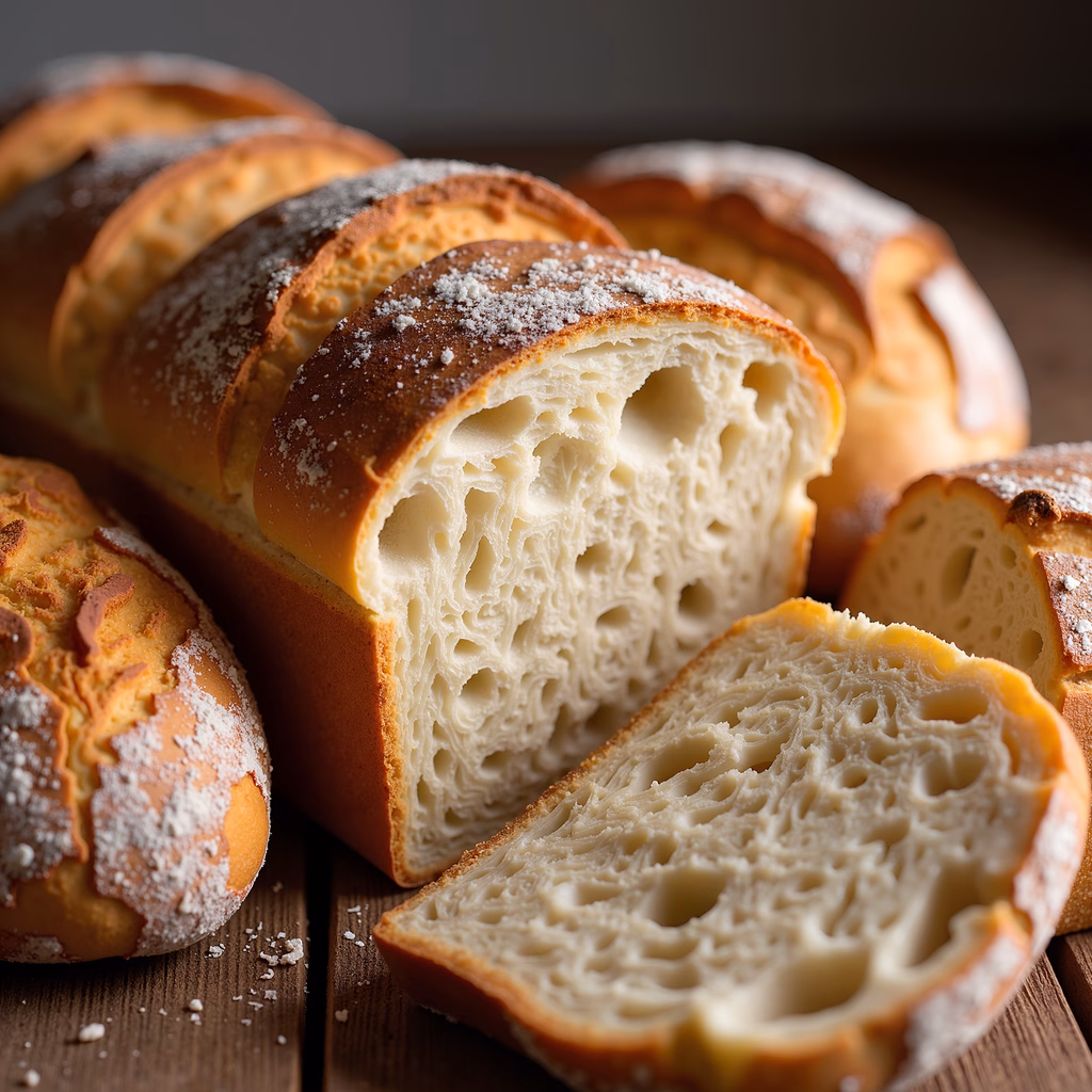 Close-up of freshly baked bread with powdered sugar, warm tones, and soft lighting.