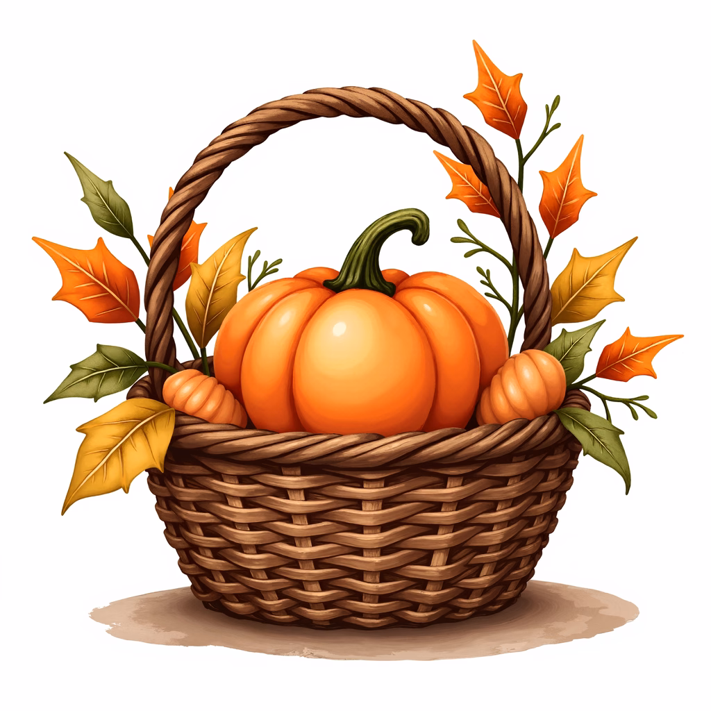 A festive illustration of pumpkins in a woven basket, symbolizing autumn's bounty and warmth.