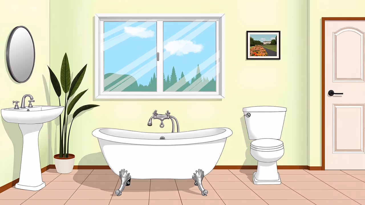 A cozy bathroom with a clawfoot tub, sink, toilet, and forest view.