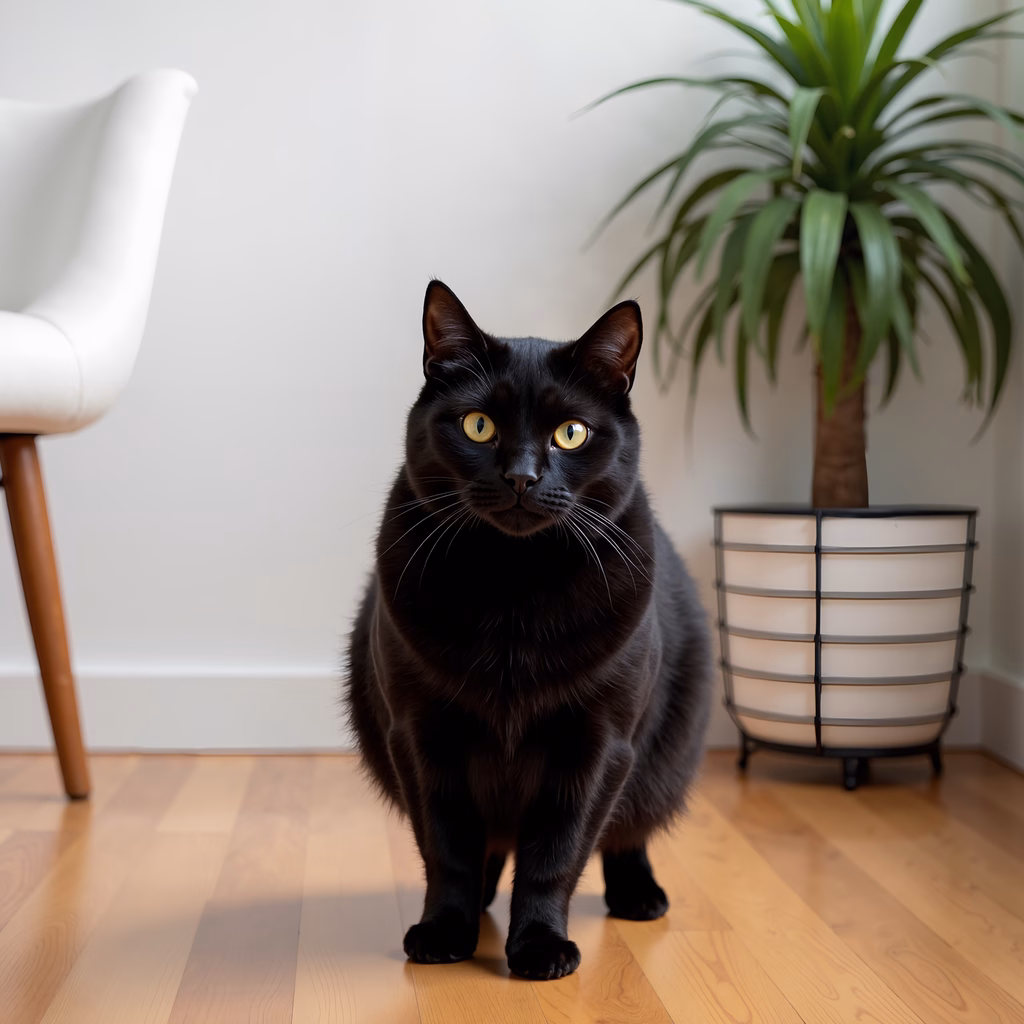 A striking black cat with yellow eyes in a minimalist setting.