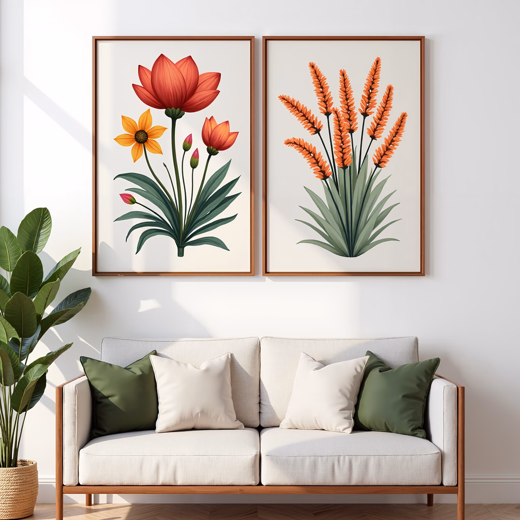 Botanical prints in a modern living room with natural light and soft shadows.