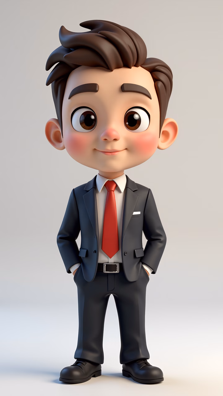 Confident cartoon businessman in a sharp suit and red tie.