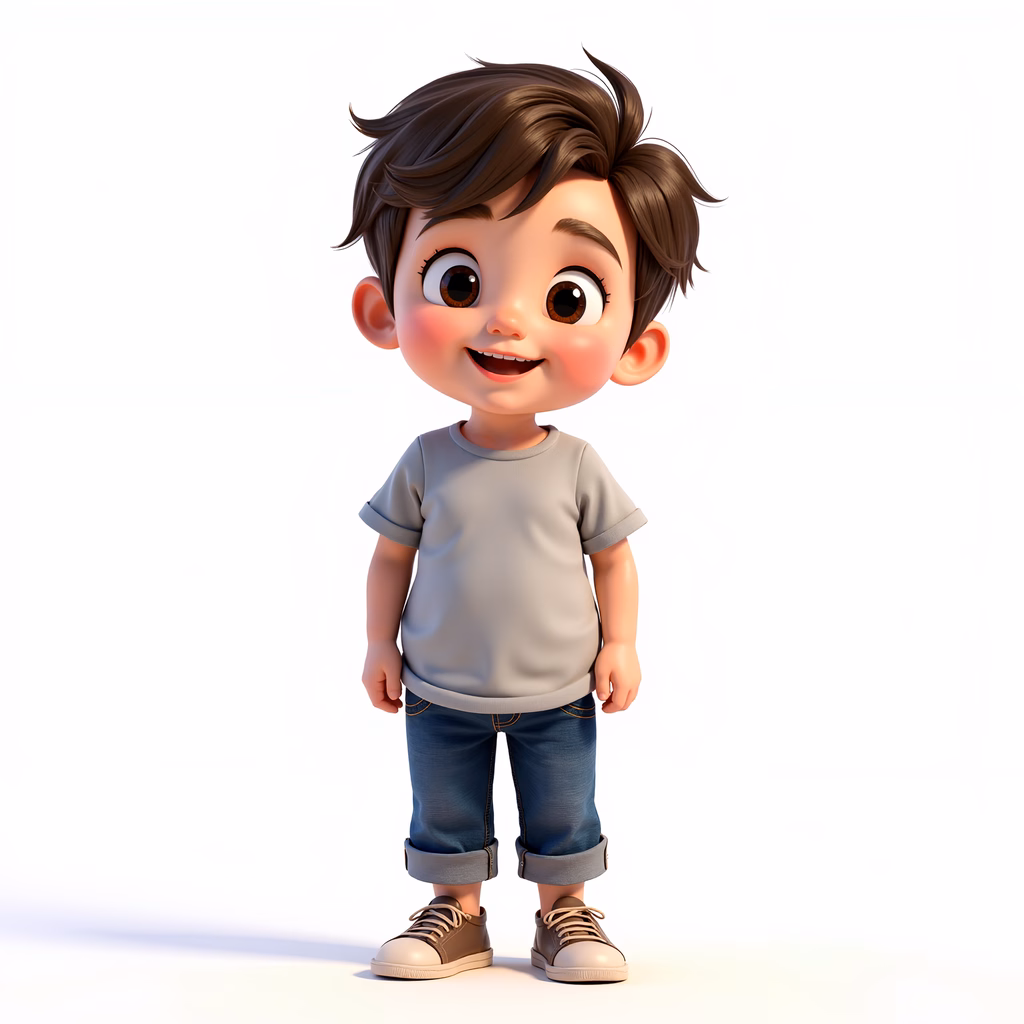 A cheerful cartoon boy in casual attire, exuding warmth and innocence.