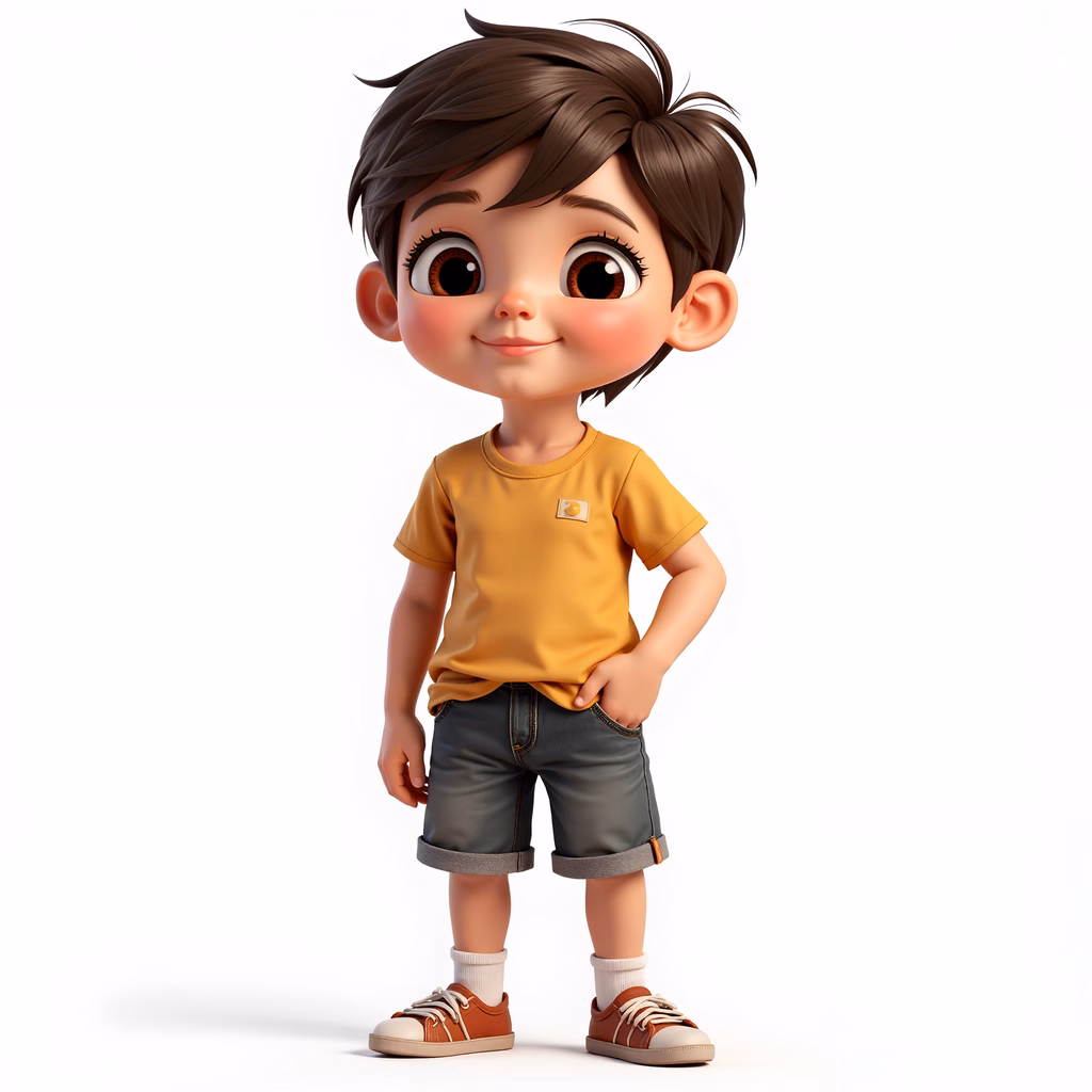 A cute cartoon boy in a yellow shirt and jeans, exuding warmth and happiness.