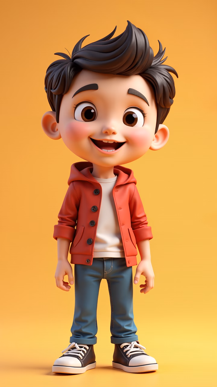 A happy cartoon boy in a red hoodie against a warm yellow backdrop.