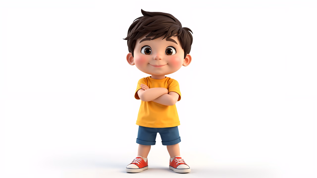 A cheerful cartoon boy with folded arms, wearing a yellow shirt and blue shorts, standing confidently against a clean white background.