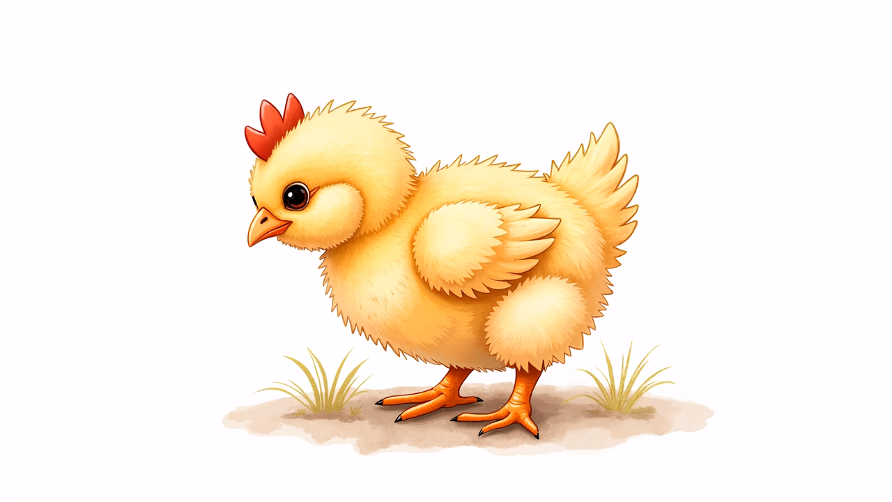 A cute cartoon chick with vibrant colors and playful details.