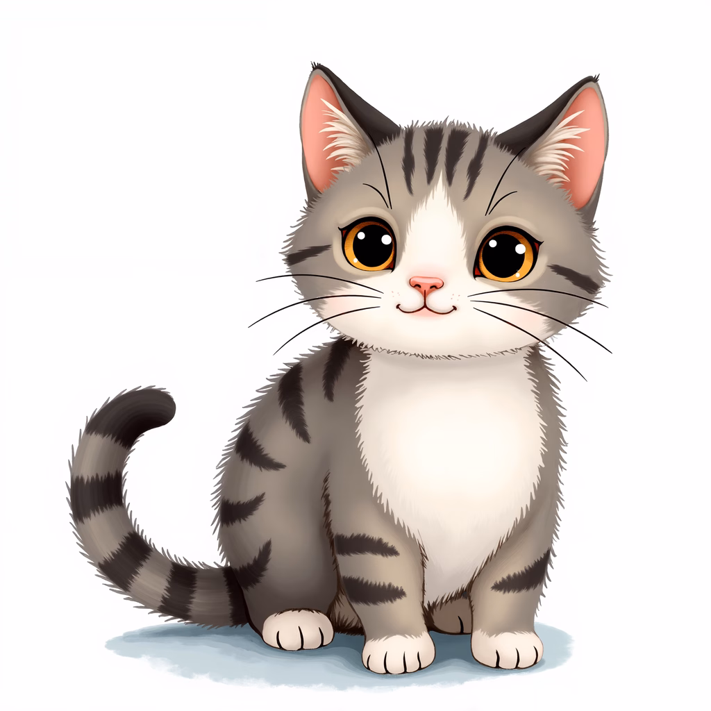 Cute cartoon kitten with expressive eyes and soft pastel colors.