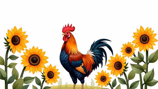 Cartoon Rooster Among Sunflowers
