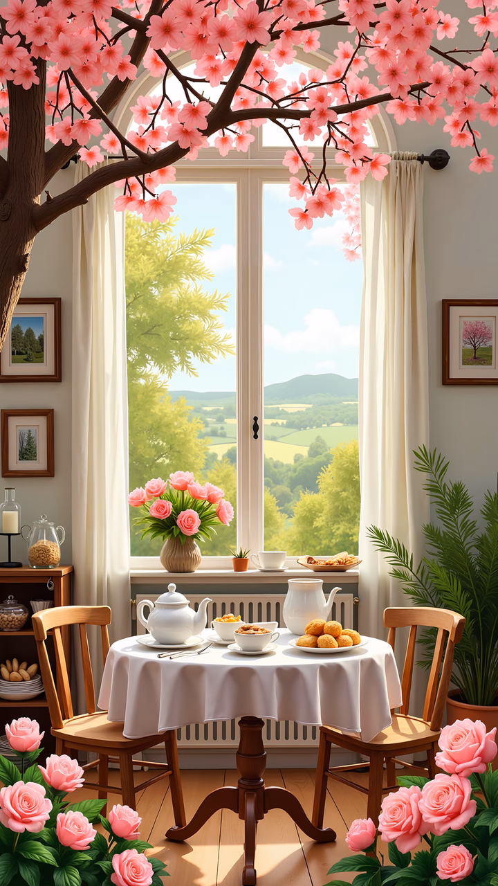A peaceful tea party under cherry blossoms, featuring a cozy room and scenic views.