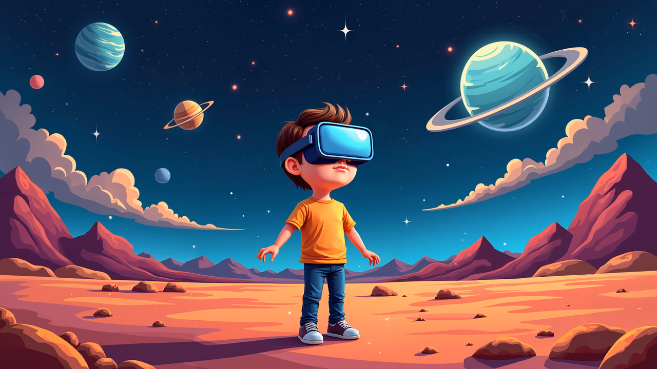 Curious child exploring a virtual space with distant planets and stars.