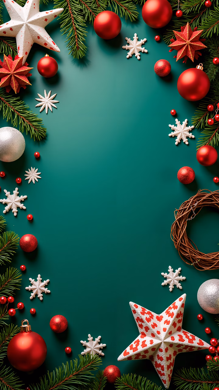 A festive Christmas frame with green background and red ornaments.