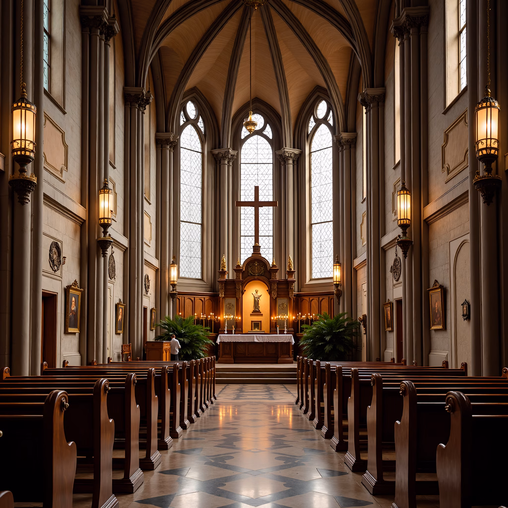 Grand Gothic church interior with warm lighting and ornate details.